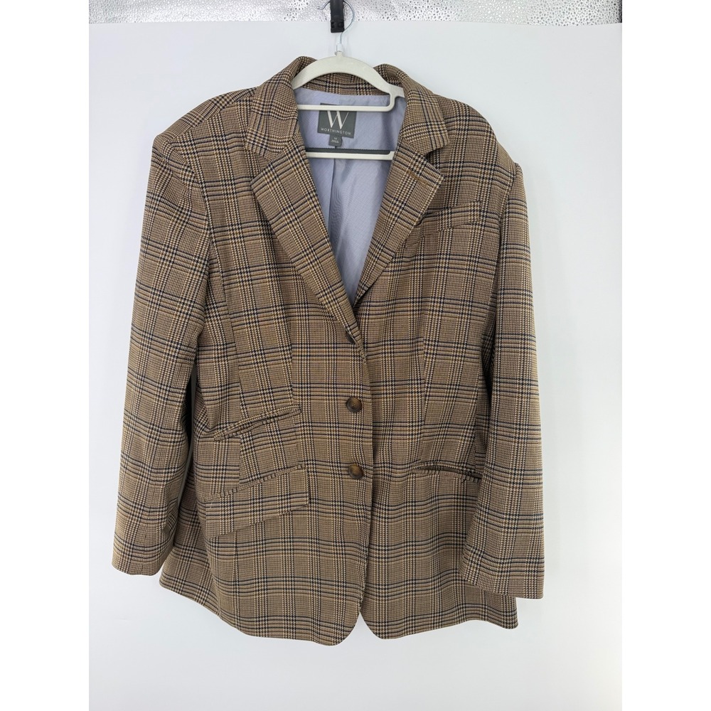 Worthington Womens Brown Plaid Blazer Jacket Size 16 Glen Check 3 Button Lined
